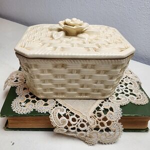 Vintage Basket Weave‎ Porcelain Box with Rosette Lid, Cream Crackling
